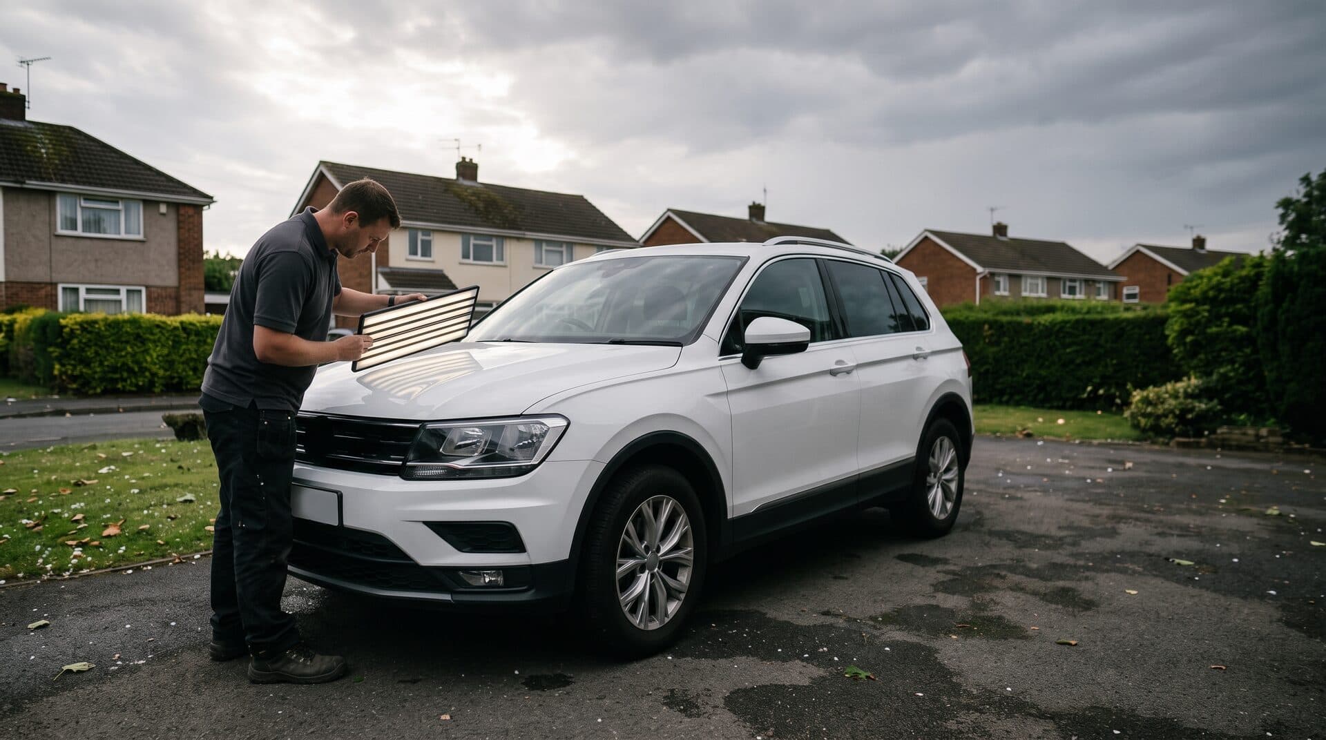 Hail Valet technician using a light board to inspect hail damage on a vehicle hood